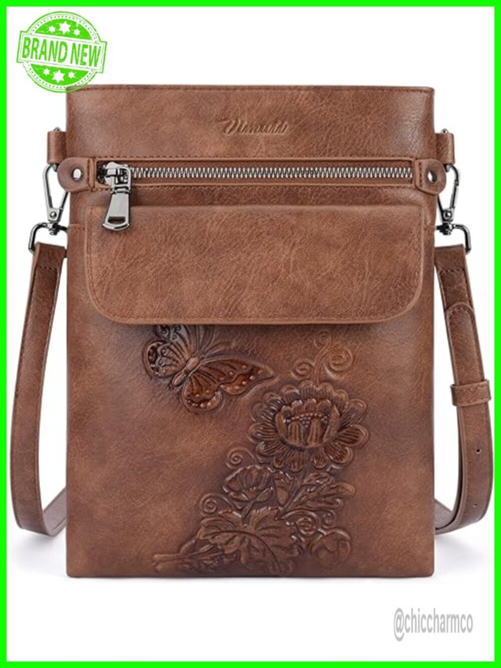 Small Vegan Leather Crossbody Purse with Adjustable Strap Embossed Multi Pocket